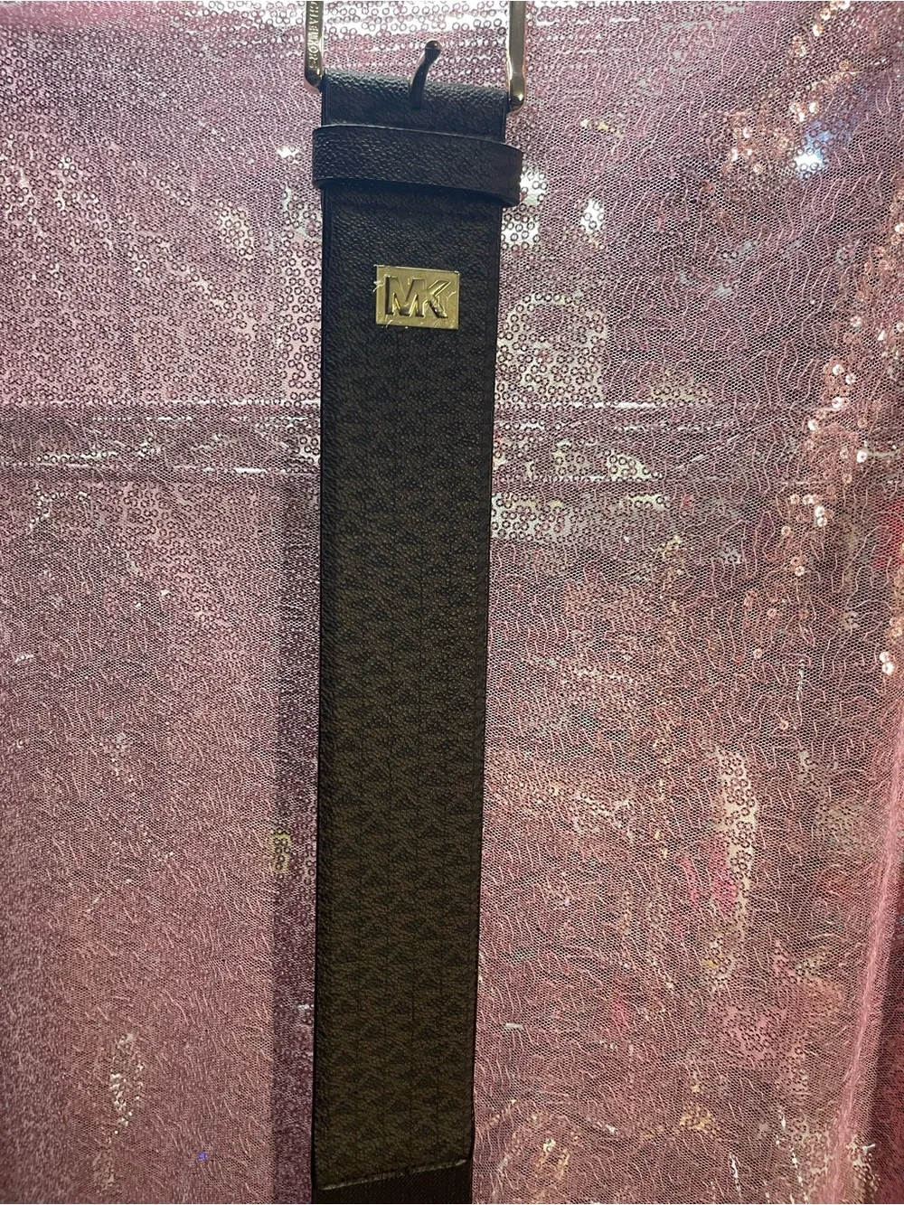 Michael Kors Brown Signature Logo Belt with Gold MK Plaque